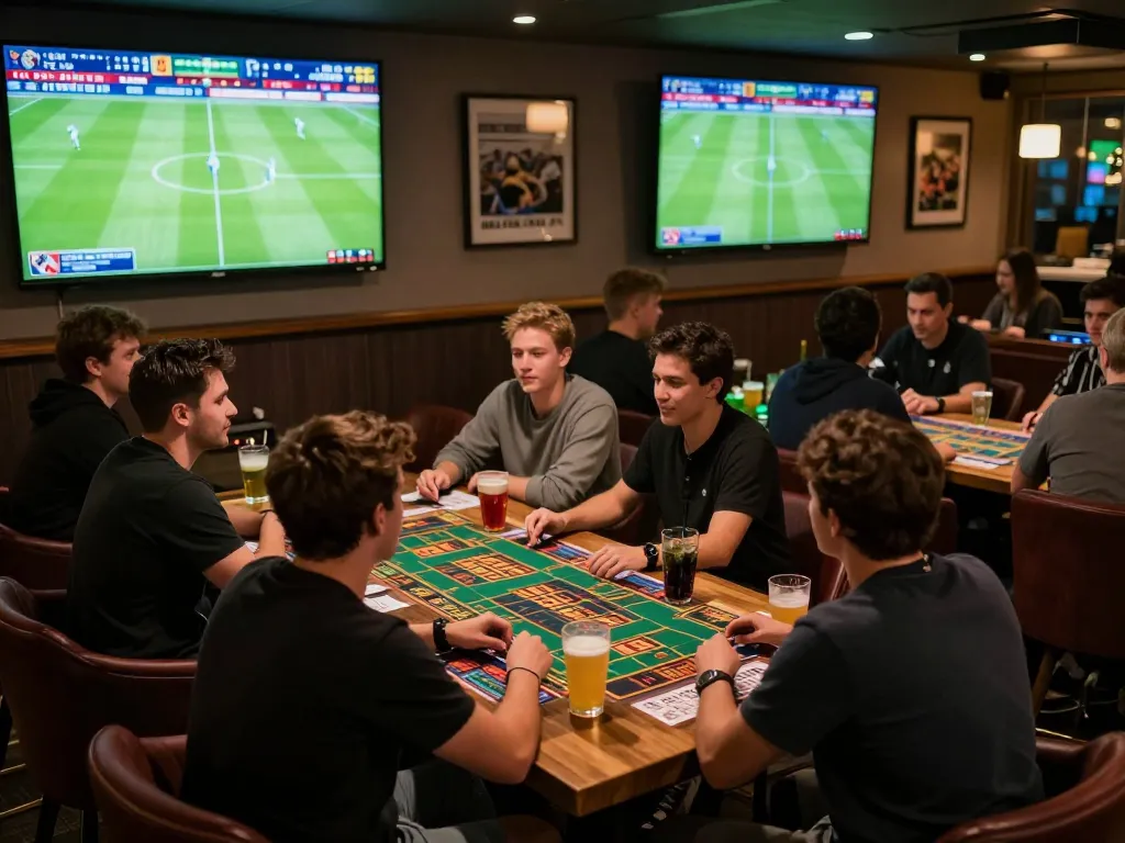 Tỷ lệ kèo nhà cái hôm nay shown in vibrant sports betting lounge with fans discussing odds and strategies.