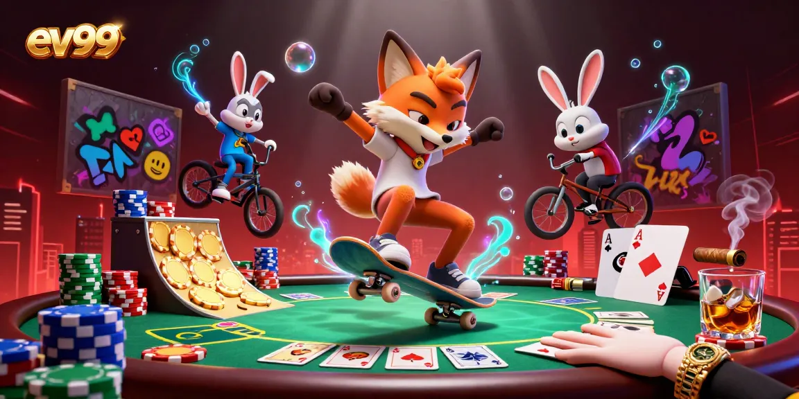 Experience the thrilling action of ev99; a skateboarder fox and BMX-riding rabbit in a vibrant casino scene.
