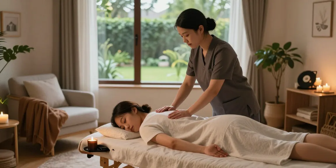 Therapist providing 관악구출장마사지 in a serene home setting with soft lighting and calming decor.