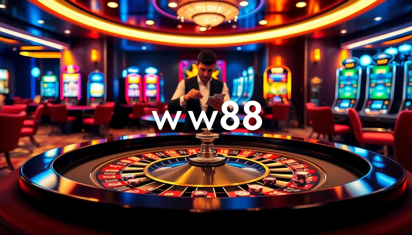 Exciting casino scene at ww88 featuring lush roulette table and vibrant slot machines.