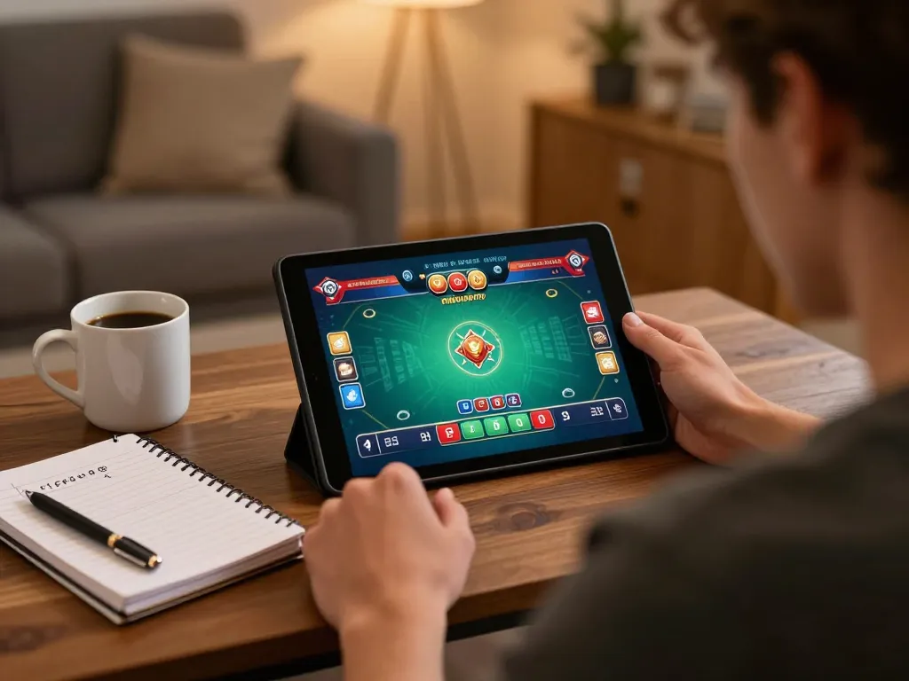 Engaging in online poker gameplay with ok365 on a tablet in a cozy living room setting.