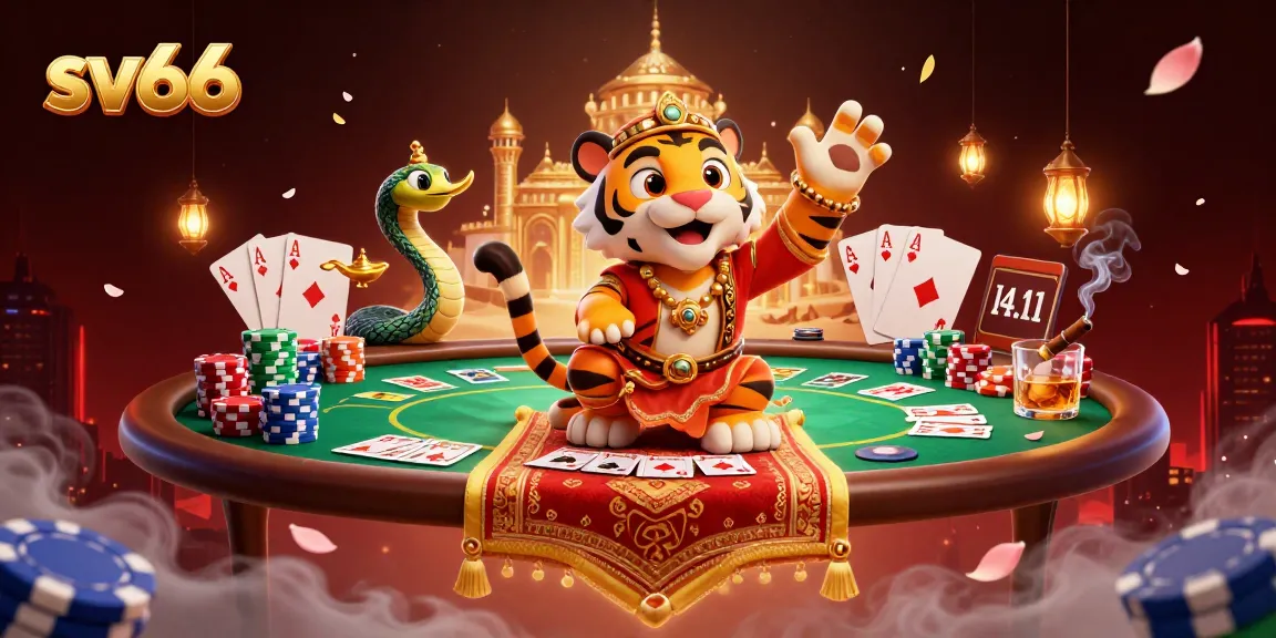 Experience sv66's vibrant Arabian Nights casino scene with poker elements and rich colors.