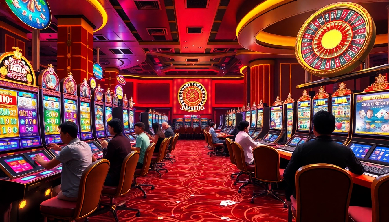 Nổ hũ gaming scene showcasing vibrant slot machines and engaging players in a lively casino atmosphere.