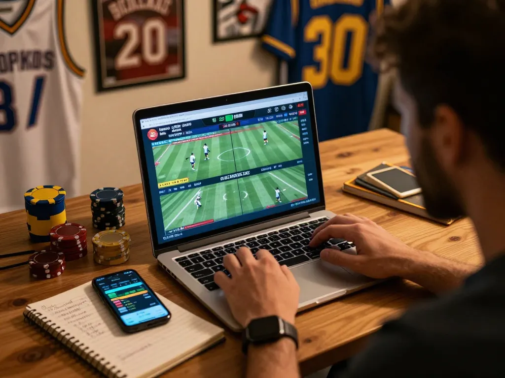 Engaged bettor analyzing sports on https://92slot.net/ with laptop and notes in a cozy home setting.