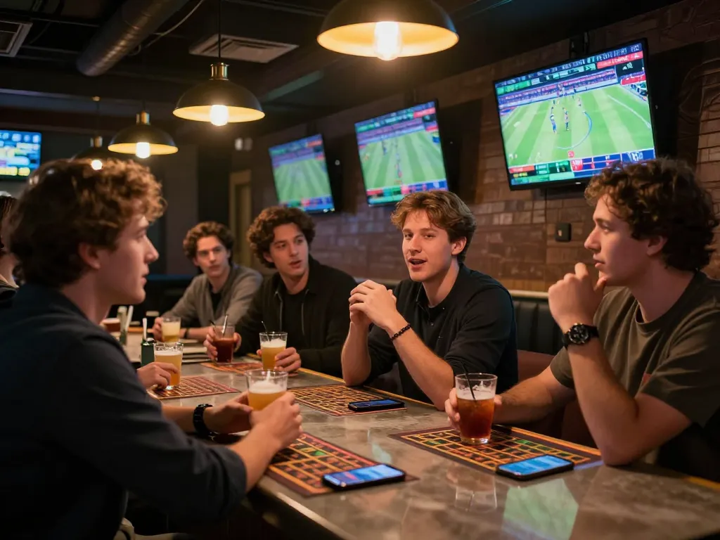 MM88 bettors analyzing odds and placing bets in a lively lounge atmosphere.