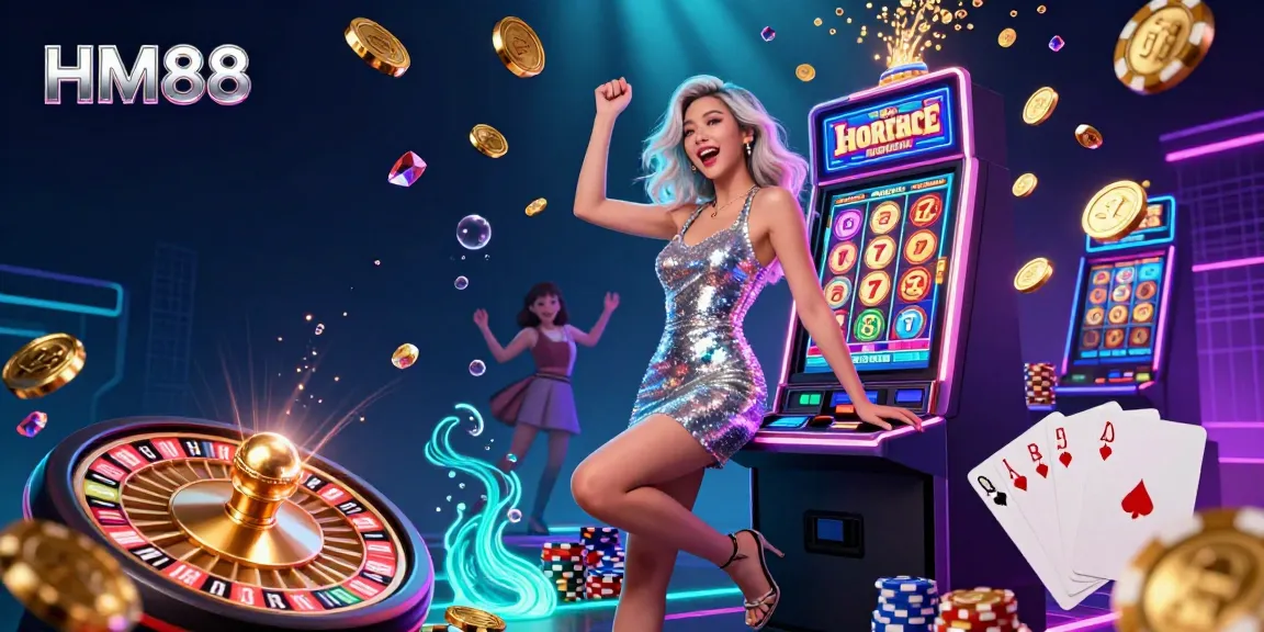 Experience the thrilling HM88 slot game with stunning visuals of a celebratory Asian woman and cascading gold coins.