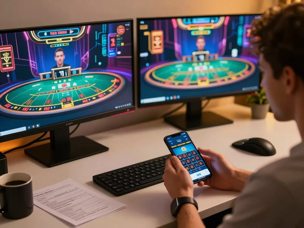 Engaged player enjoying ve88 blackjack online, showcasing vibrant gaming setup and responsible strategies.