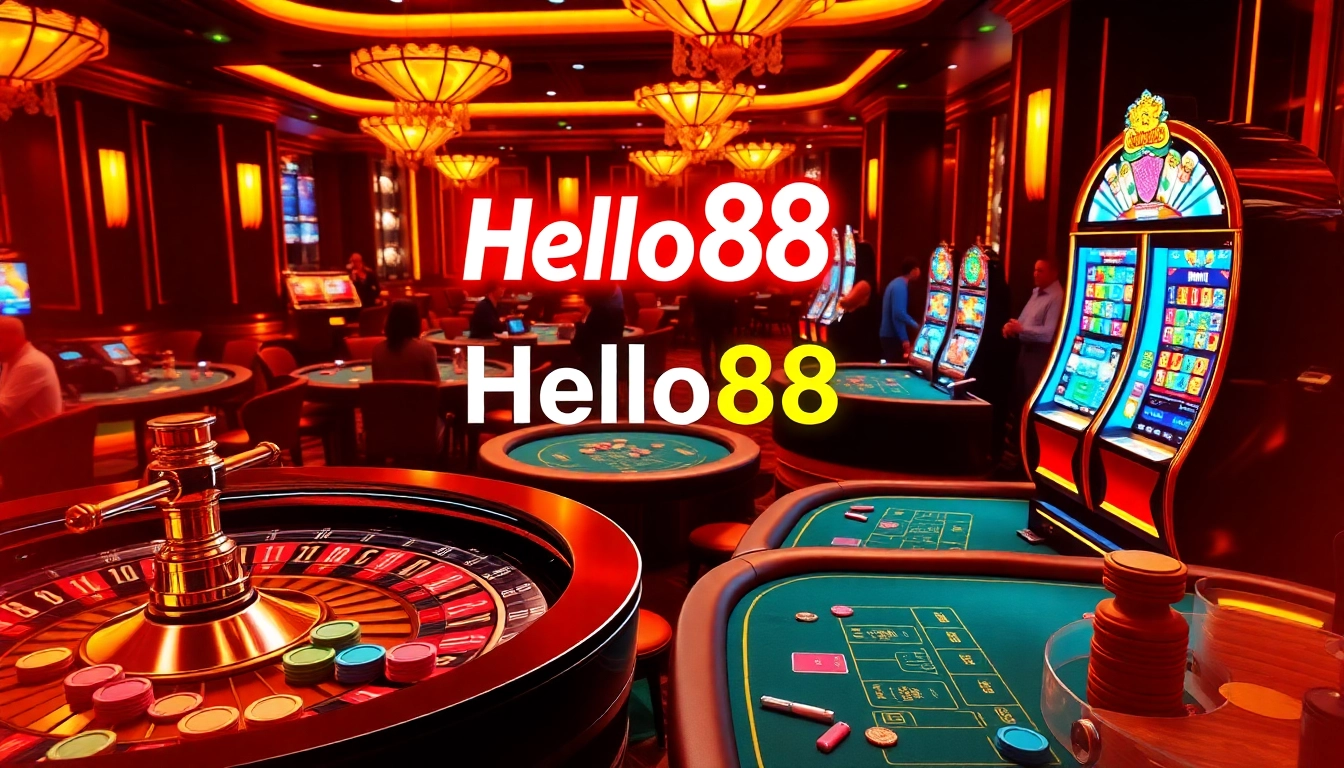 Hello88 gambling scene with roulette, poker tables, and slot machines in an elegant casino.