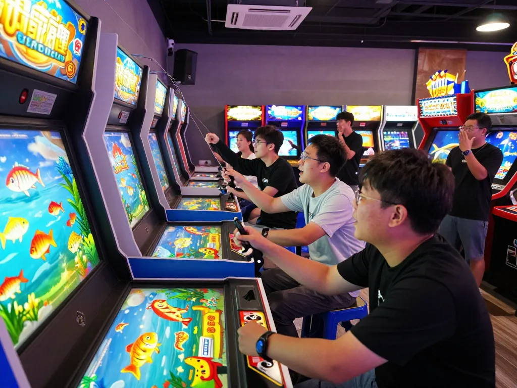 Players enjoying an engaging game bắn cá đổi thưởng at a colorful arcade, showcasing interactive gameplay and excitement.