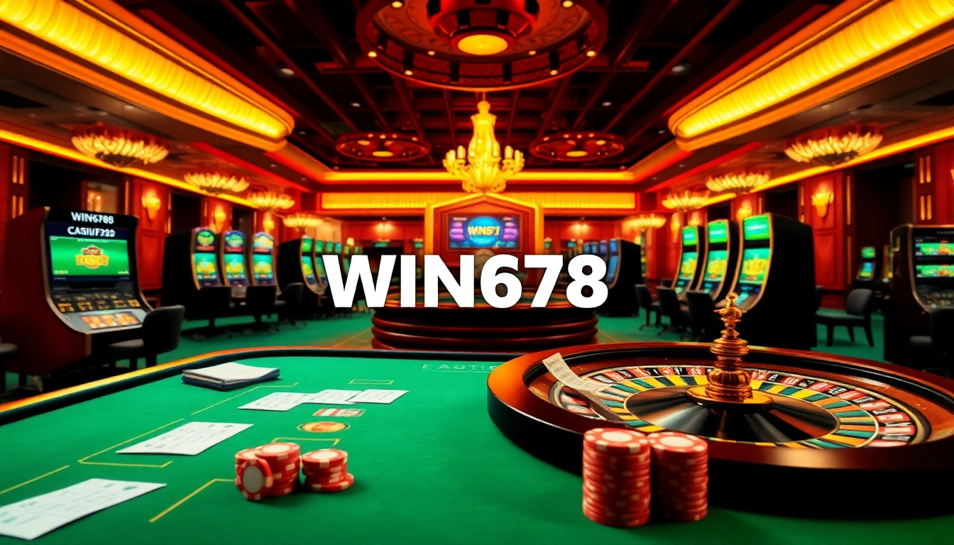 Engage in thrilling online gaming at https://win678.gr.com/ with a vibrant casino atmosphere featuring poker tables and slot machines.