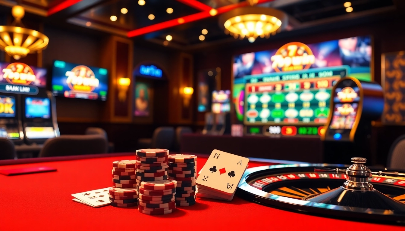 Engaging scene at a casino featuring 789win poker chips and vibrant gaming tables.