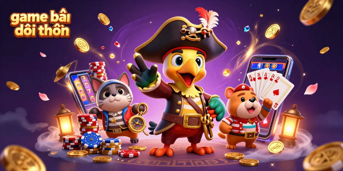 Engage in game bài đổi thưởng with a vibrant 3D illustration of a pirate captain, bulldog, and cat amidst colorful casino elements.