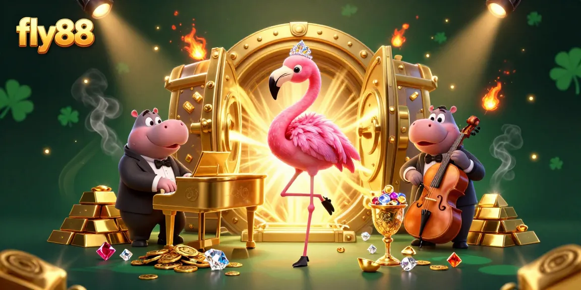 Win at fly88 with a vibrant casino scene showcasing a flamingo singer and sparkling treasures.
