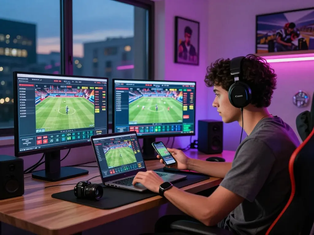 Engaged player at home using fb88 for online betting, showcasing multiple screens of live sports and gaming.