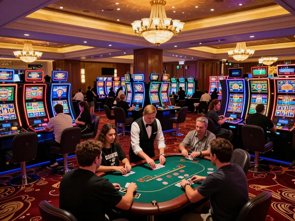 The vibrant casino atmosphere showcases players engaging with vmax gaming options at neon-lit slot machines.