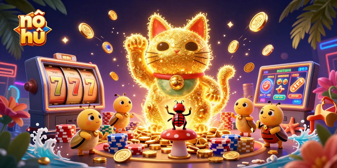 Engage with nổ hũ in an ultra-detailed 3D casino illustration featuring lucky cats and vibrant slot games