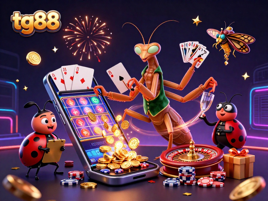 Experience thrilling gameplay at tg88 with vibrant cards and spinning slots amidst a lively casino scene.