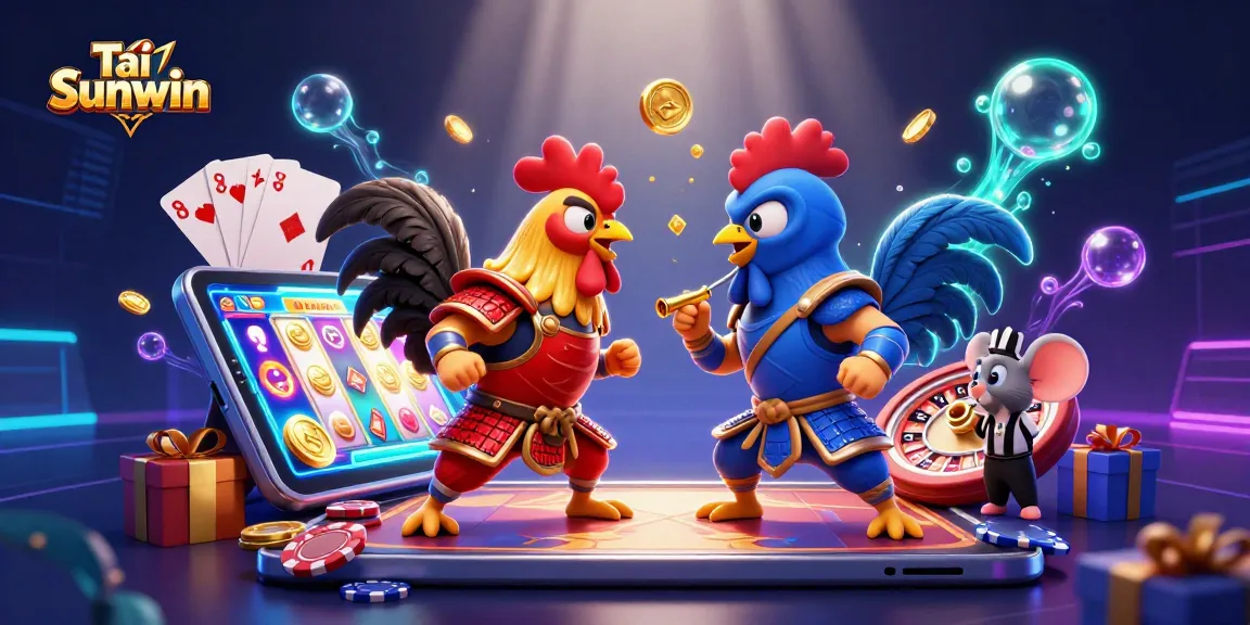 Tải Sunwin: Engage with vibrant 3D roosters, casino elements, and a dynamic gaming scene.