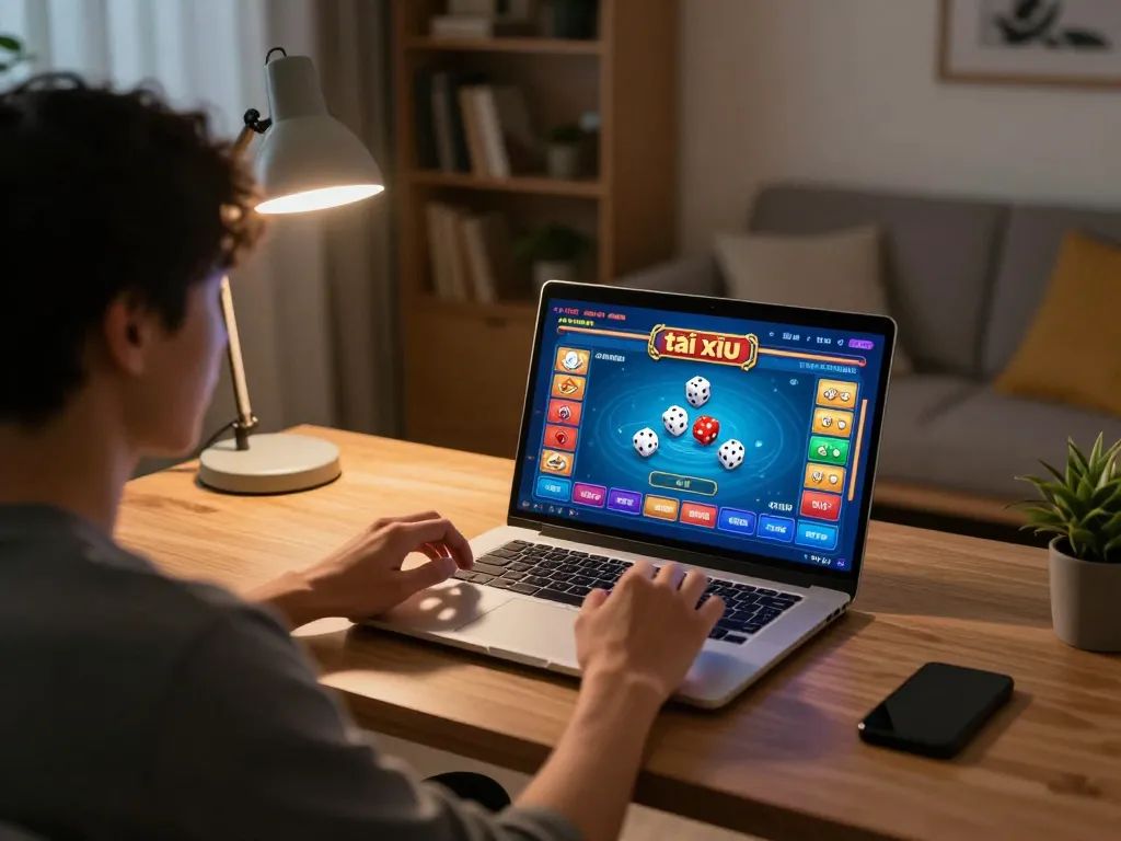 Playing the game tài xỉu on a laptop in a cozy home setting, showcasing an engaging online gaming experience.