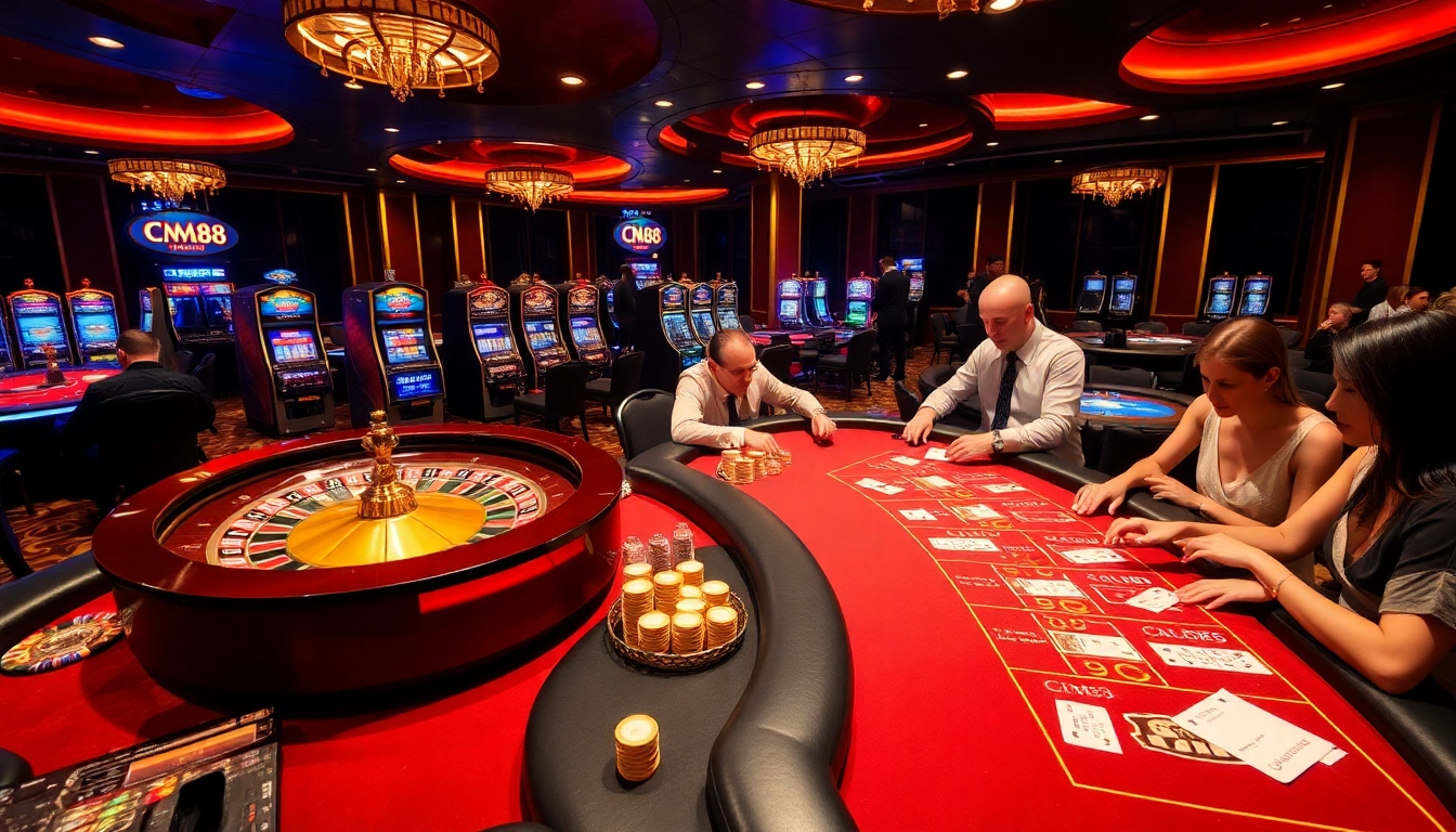 Experience the thrill at CM88's luxurious casino tables with excited players and vibrant games.