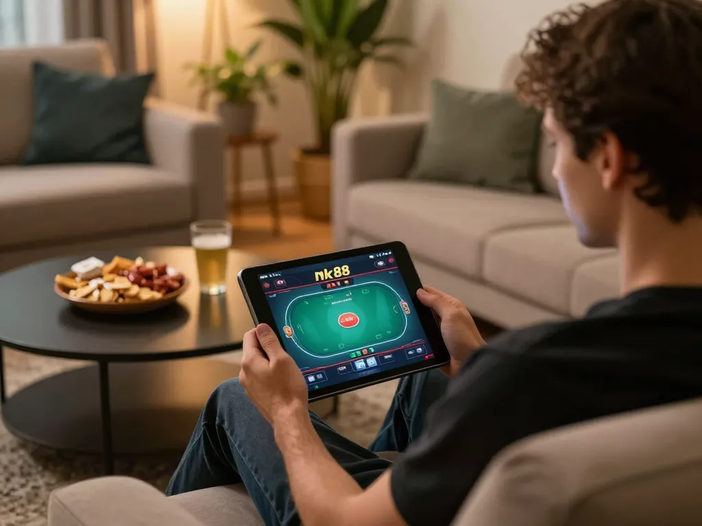 Engaging in online poker gameplay at Nk88, showcasing responsive tablet screen and cozy home setup