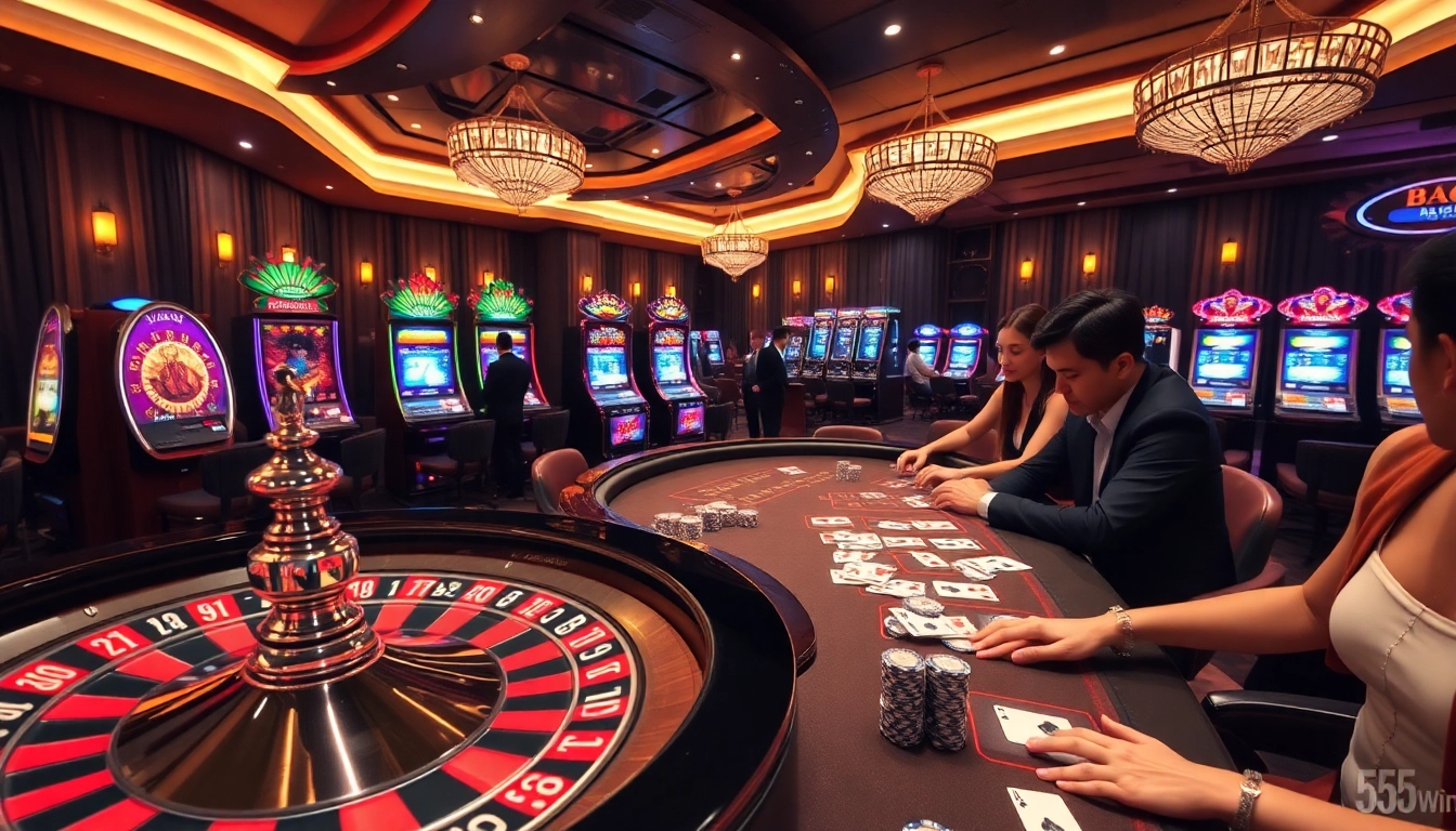 Experience high-stakes excitement at 5555win casino with vibrant gaming tables and elegant players.