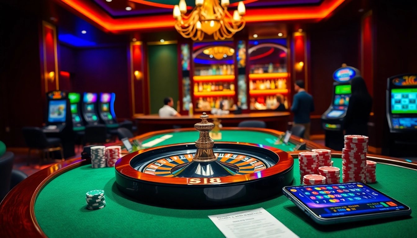 Players enjoying S8's online gambling experience with vibrant casino elements and a roulette wheel.
