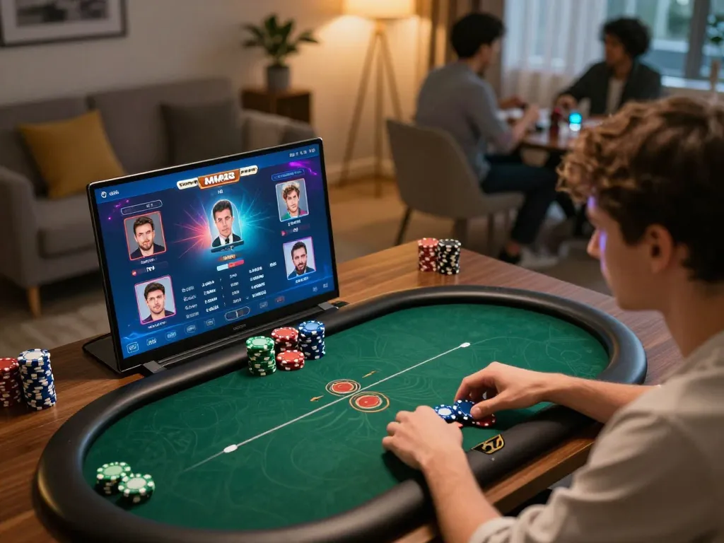 Engaged players strategizing with MM88 online poker gameplay on a cozy home setup