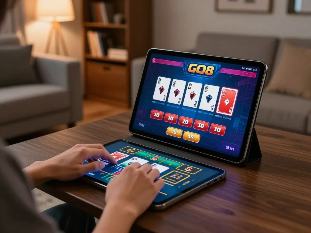 The GO8 online casino experience showcasing a player engaged in tablet gaming within a cozy living room.