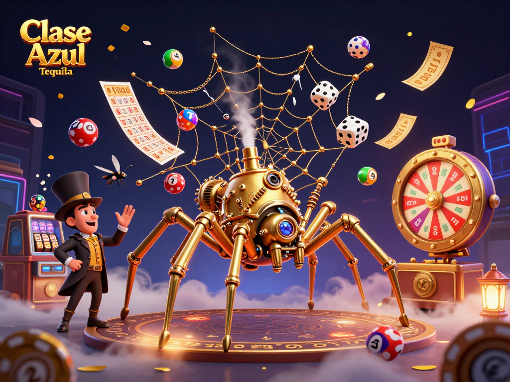 Playful scene featuring Clase Azul Tequila amidst vibrant lottery elements in a festive casino setting.