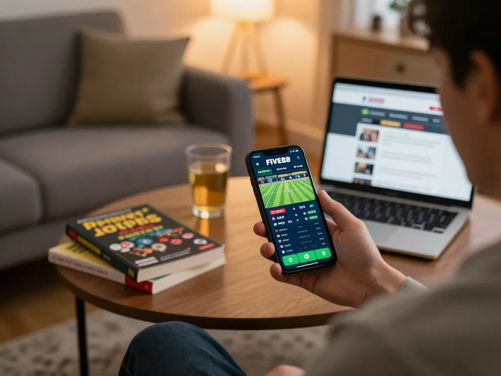 Engaged user exploring the FIVE88 betting app on smartphone while enjoying responsible gaming at home.