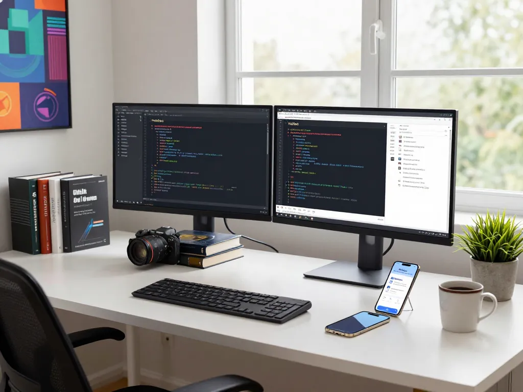 Moltbot developer working at a modern home office, showcasing dual monitors with code and chat notifications, creating a productive tech atmosphere.