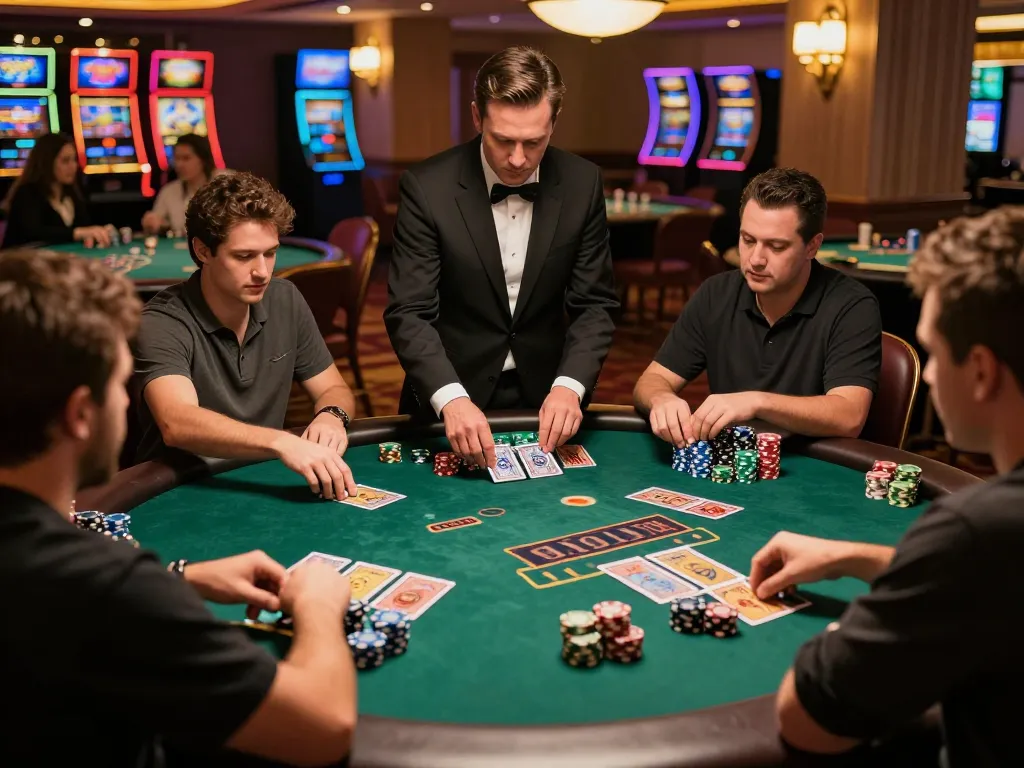 Players at blackjack table in a lively casino atmosphere at uu8855, engaging in high-stakes action.