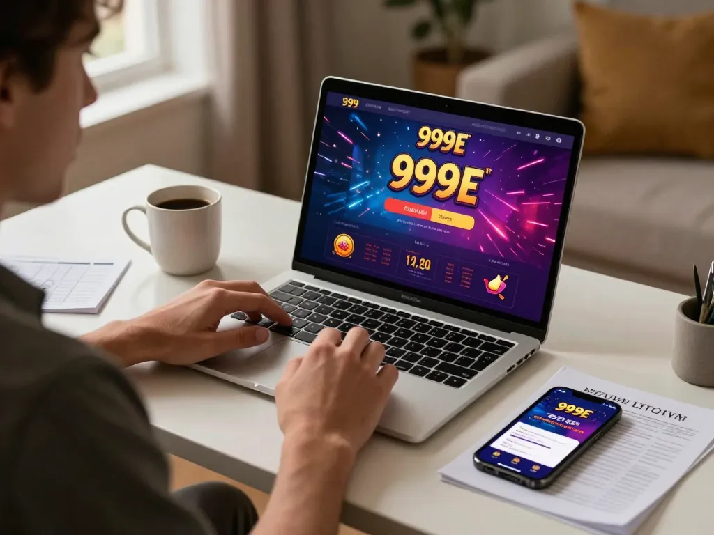 Engaging in online casino gaming at 999E with vibrant interface visible on laptop screen.