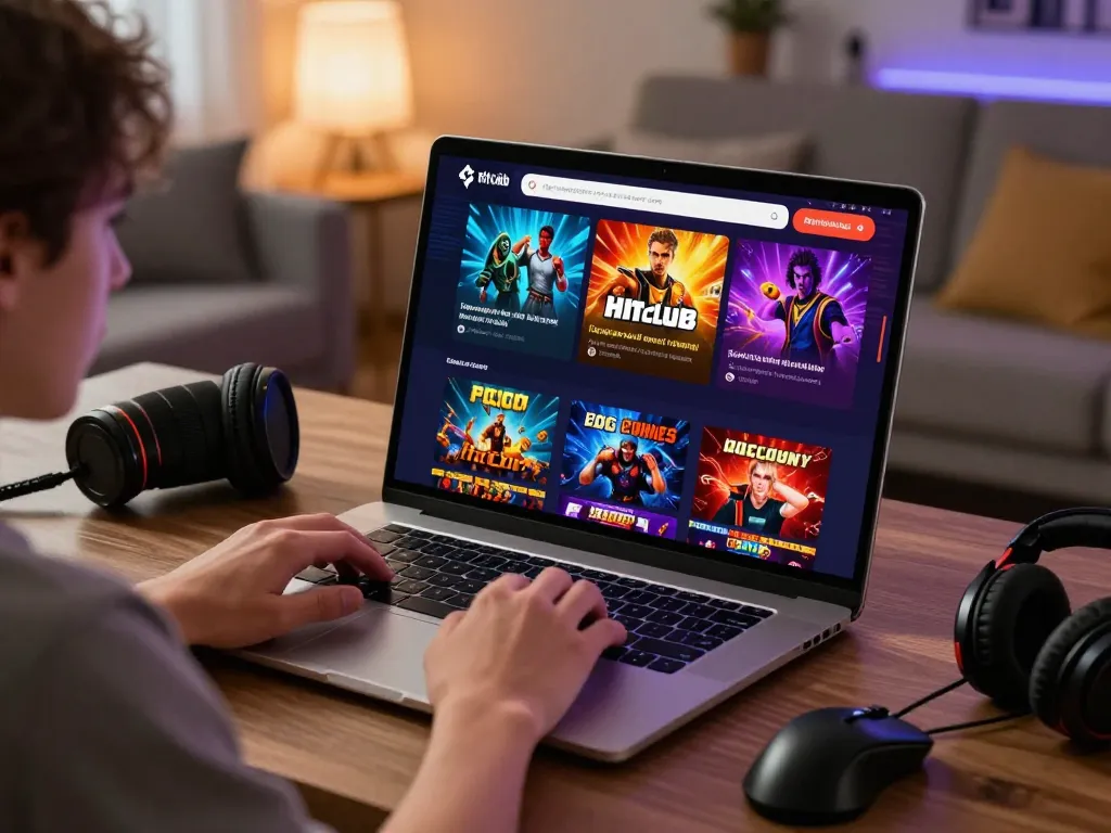 Hitclub online gaming experience with users enjoying diverse casino games in an inviting home office.