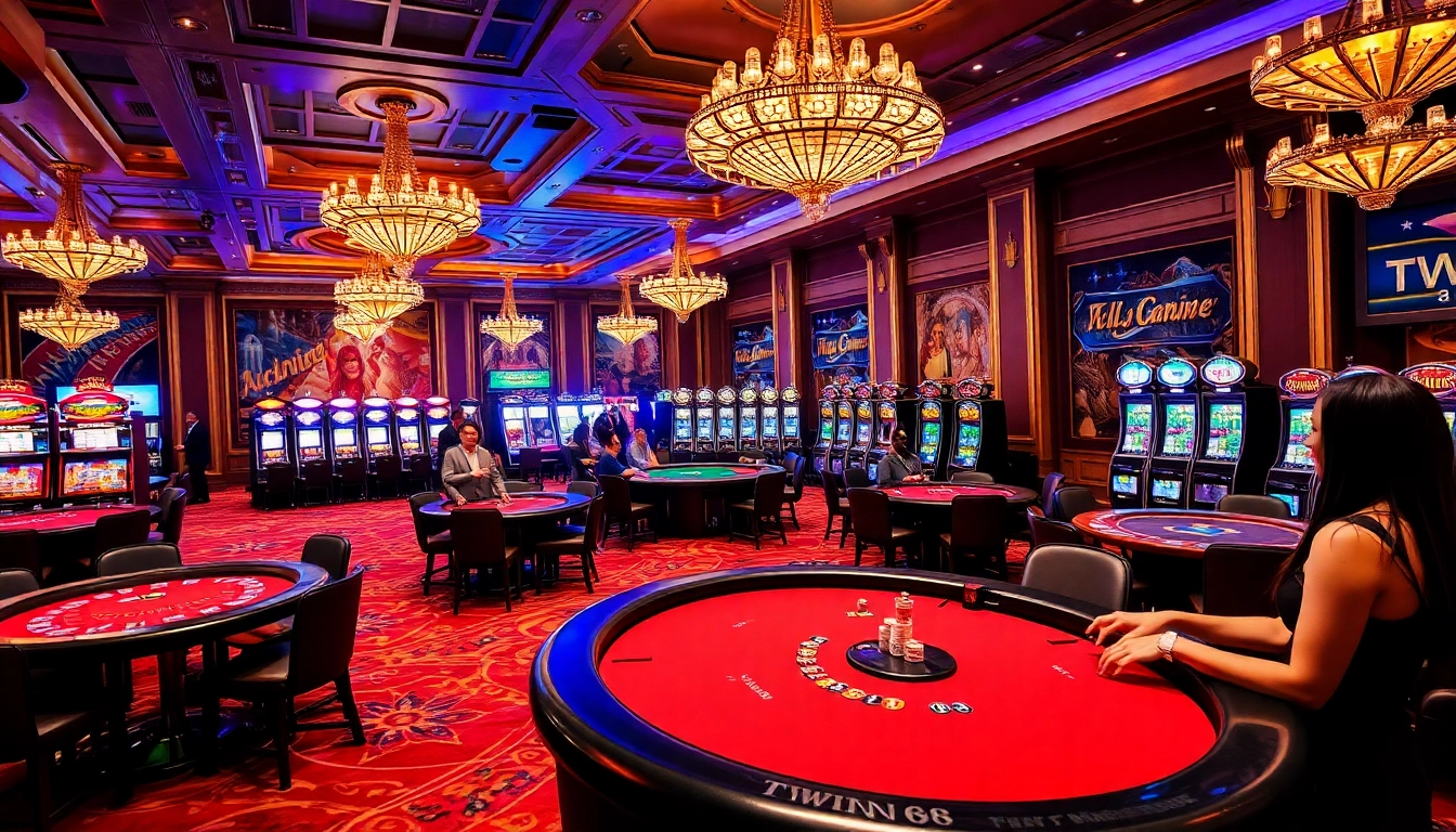 A vibrant TWIN68 gaming environment featuring players enjoying poker and slot machines in a luxurious casino.