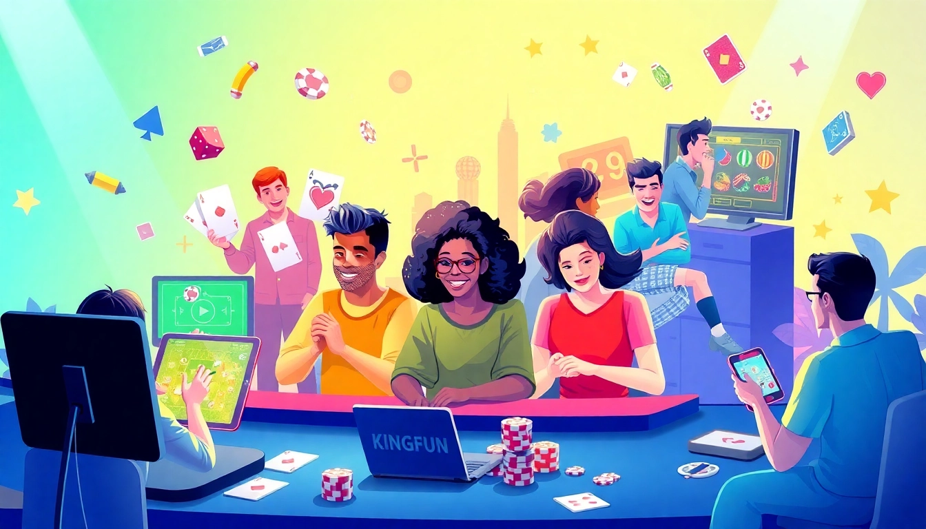KINGFUN gamers enjoying a vibrant online platform filled with card games and slots.