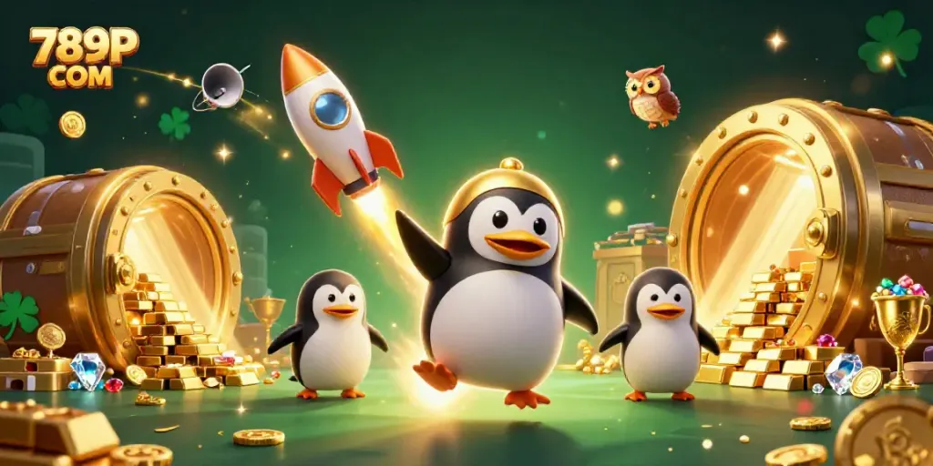 Dive into the excitement of 789P COM with a thrilling illustration featuring a rocket-powered penguin soaring towards a vibrant casino.