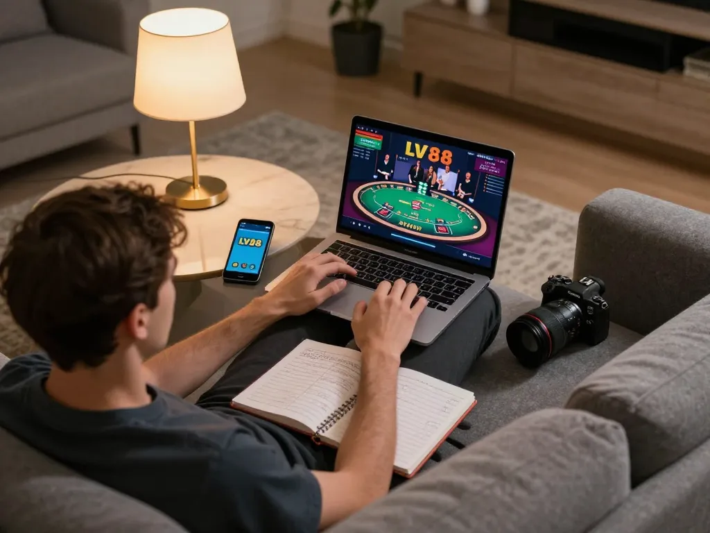Engaged player exploring LV88 online dealer blackjack game on laptop at home
