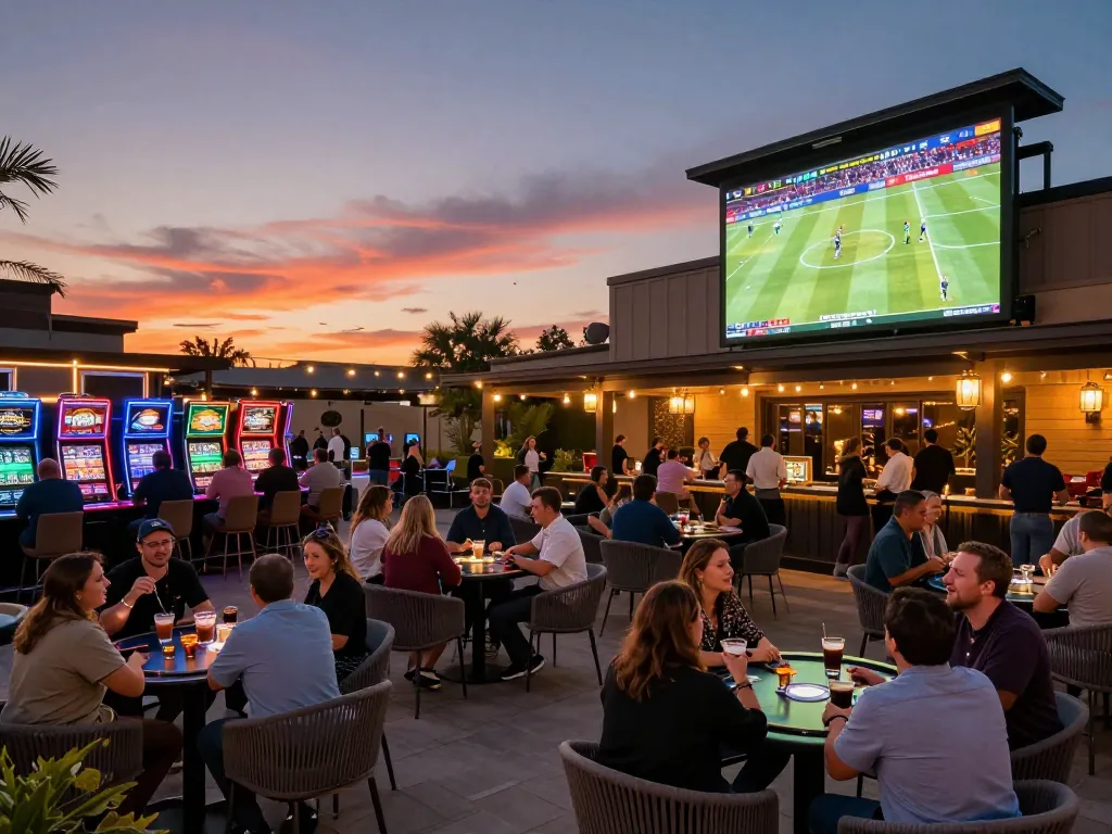 Patrons engaging in sports betting at outdoor casino venue, featuring ok365 discussions and lively atmosphere