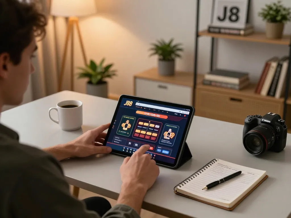 Player explores J88 online casino interface on tablet during a strategic gaming session at home.