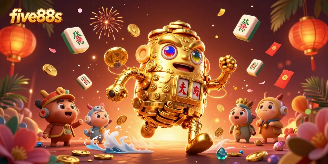 Engage in thrilling moments at five88s with an animated golden golem and vibrant casino symbols.