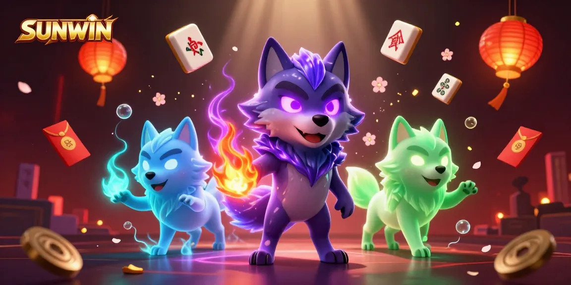 SUNWIN showcases a vibrant online casino atmosphere with animated wolves amid festive game elements.
