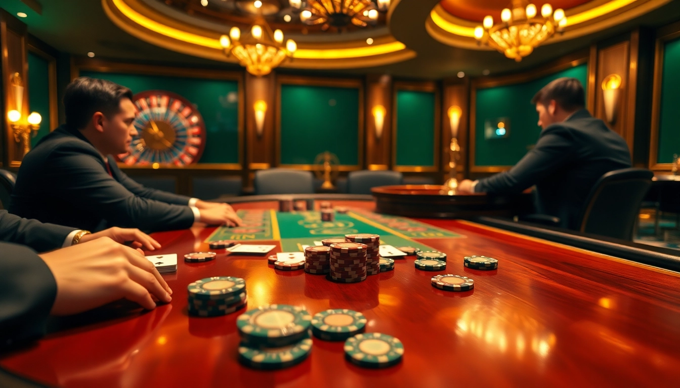 Exciting poker game scene at 33Win casino with vibrant chips and professional players.