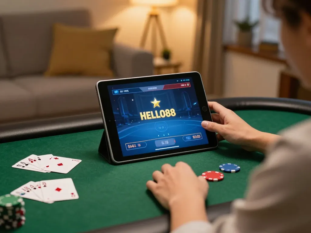 Engaged player using HELLO88 app for online poker in a cozy home setting.