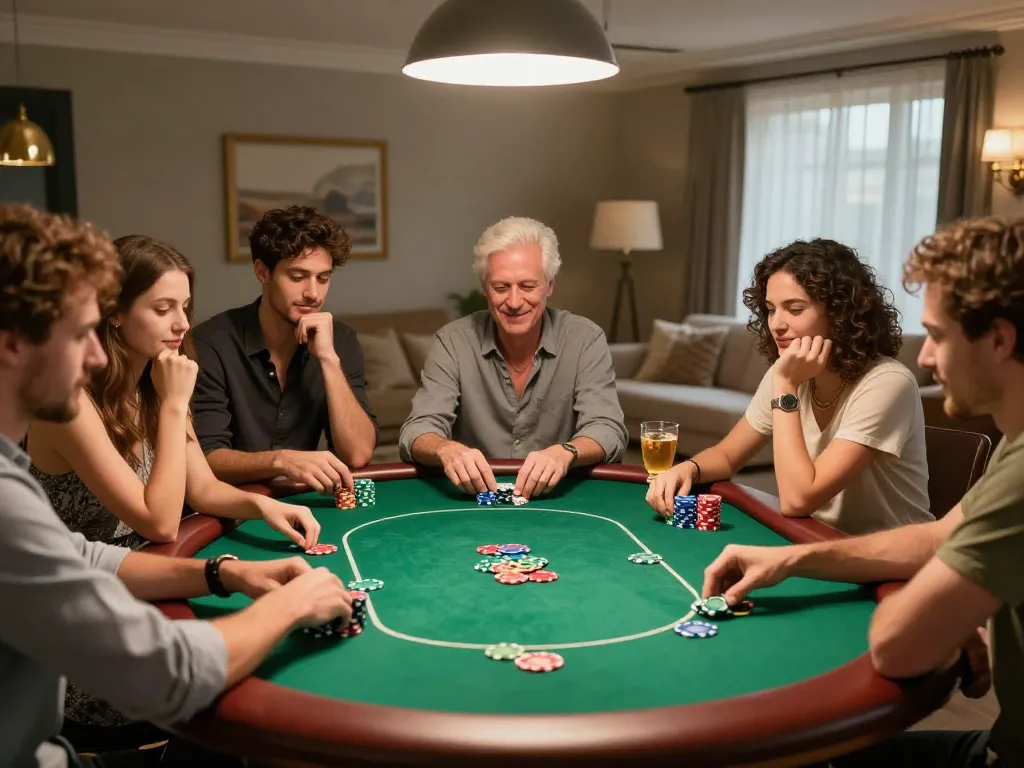 F168 poker night with friends engaging in strategic gameplay and camaraderie in a cozy home environment.