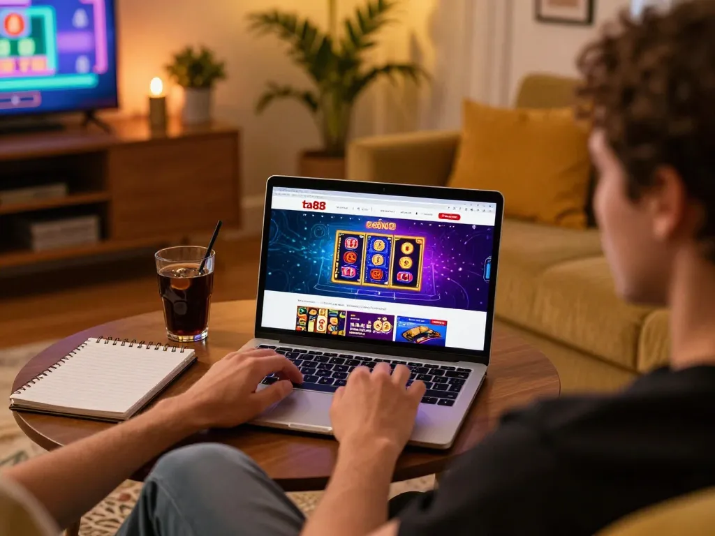 Player enjoying gaming on ta88 online casino platform with a laptop in a cozy home setting