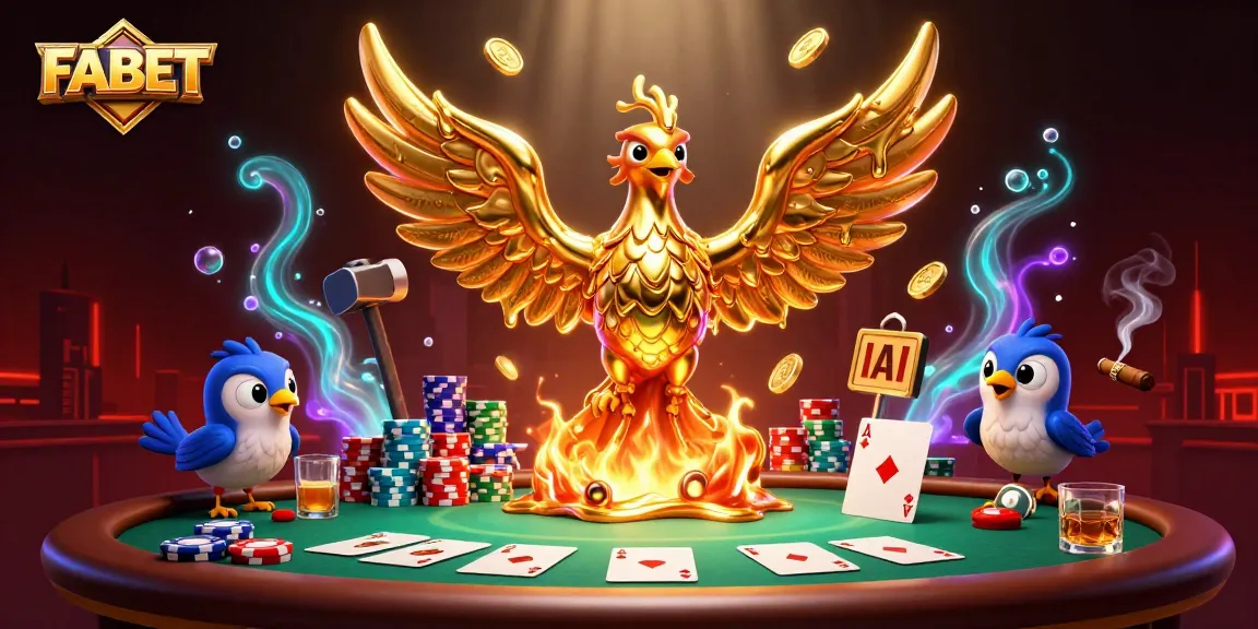 FABET showcases a phoenix of molten gold in a dynamic casino scene with poker elements and vibrant colors.