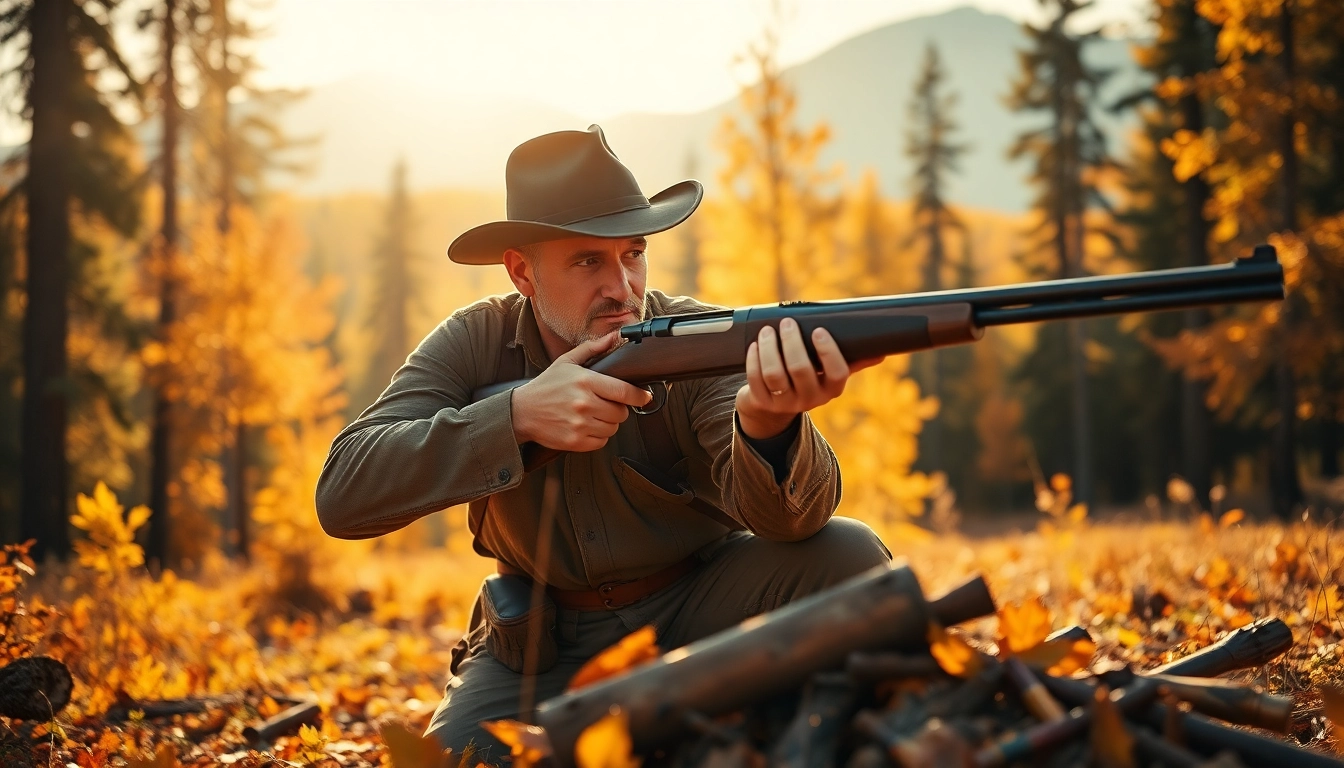 Hunter aiming a vintage Winchester rifle chambered in 32 win amidst vibrant autumn trees.