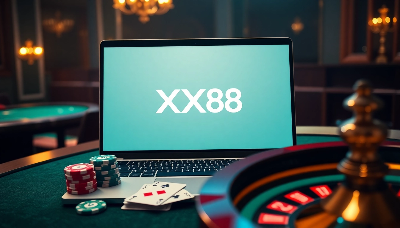 Experience the excitement of betting at XX88 with vibrant poker chips and a sleek casino interface.